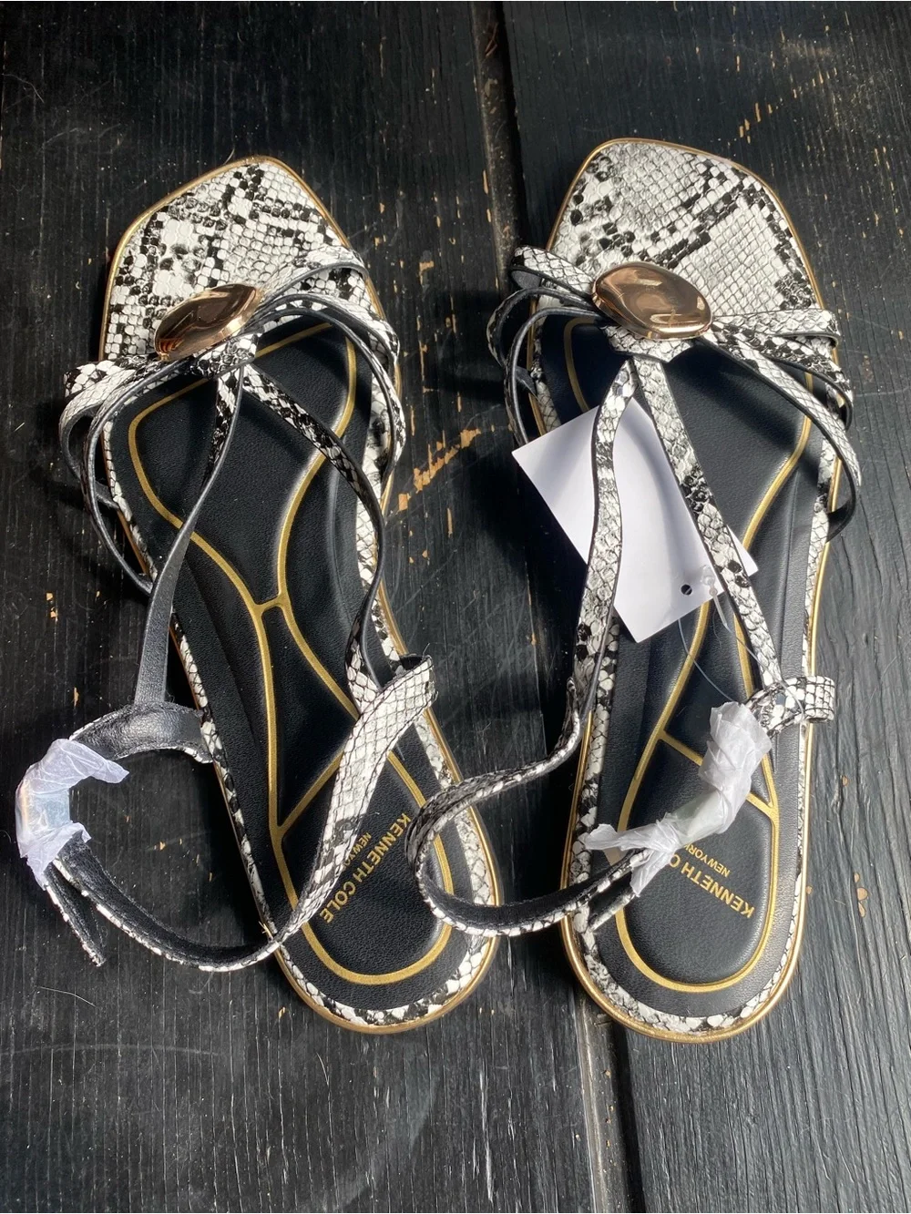 Michael Kors Black & White Snake-Print Strappy Sandals with Gold Medallion